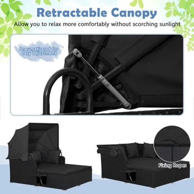 Tangkula Patio Rattan Daybed With Retractable Canopy Wicker Sun Lounger With 2 Foldable Side Panels Thick Seat & Back Cushions 6 Tangkula Patio Rattan Daybed With Retractable Canopy Wicker Sun Lounger With 2 Foldable Side Panels Thick Seat & Back Cushions - Image 6