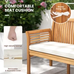 Tangkula 3 Person Outdoor Bench, 62.5" Acacia Wood Patio Sofa With Curved Armrests And Removable Seat Cushion -Tangkula GUEST 39d517b7 3cd0 4c7f 8e64 913a4c2fa67d