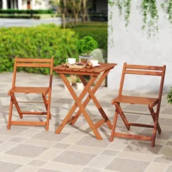 Tangkula 3 PCS Outdoor Wood Bistro Set W/ 2 Folding Chairs & Dining Table For Backyard -Tangkula GUEST 39ef01c0 1b8f 4b69 9317 47d8123f1b32