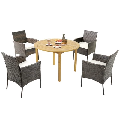 Tangkula 5 PCS Patio Dining Set Round Acacia Wood Table 4 Cushioned Wicker Armchairs 10 Tangkula 5 PCS Patio Dining Set Round Acacia Wood Table 4 Cushioned Wicker Armchairs - Image 10