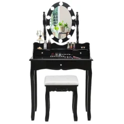 Tangkula Mirrored Vanity Table Set Lighted Makeup Dresser W/ Drawers