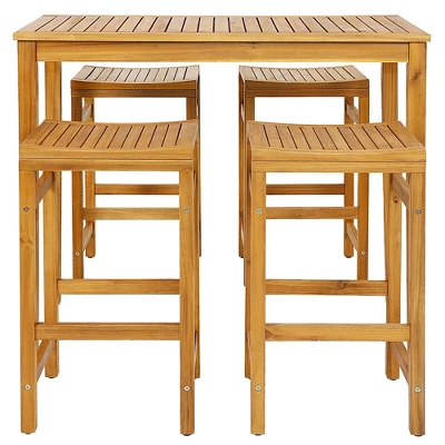 Tangkula 5 Pieces Patio Acacia Wood Bar Set Outdoor Bar Height Table & Saddle Stool Chairs Set 4 Tangkula 5 Pieces Patio Acacia Wood Bar Set Outdoor Bar Height Table & Saddle Stool Chairs Set - Image 4