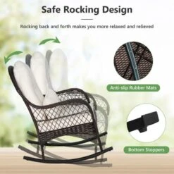 Tangkula Patio Wicker Rocking Chair W/ White Seat Cushions & Lumbar Pillow Porch
