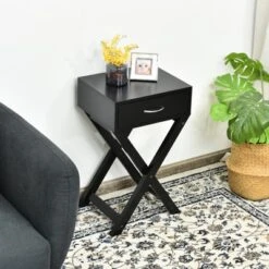 Tangkula Modern Versatile Nightstand X-shape Wooden End Table With Drawer Accent Side Table For Bedroom Black/White