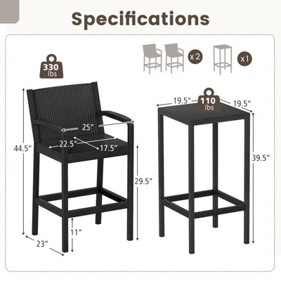 Tangkula 3 Piece Patio Bar Set Bistro Table & Chairs W/ Heavy-Duty Metal Frame 8 Tangkula 3 Piece Patio Bar Set Bistro Table & Chairs W/ Heavy-Duty Metal Frame - Image 8