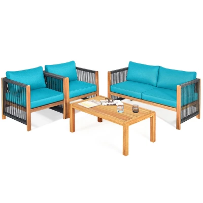 Tangkula 4-Piece Outdoor Patio Wood Conversation Furniture Set Padded Chair With Coffee Table Turquoise 4 Tangkula 4-Piece Outdoor Patio Wood Conversation Furniture Set Padded Chair With Coffee Table Turquoise - Image 4
