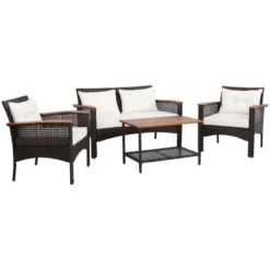Tangkula 4PCS Rattan Patio Furniture Set Acacia Wood Outdoor Conversation Set W/ Cushions -Tangkula GUEST 3dc3217c 79c3 4e19 9197 234bcc6144f5