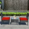 Tangkula 3 PCS Patio Wicker Rattan Furniture Set Coffee Table & 2 Rattan Chair W/ Cushion Red