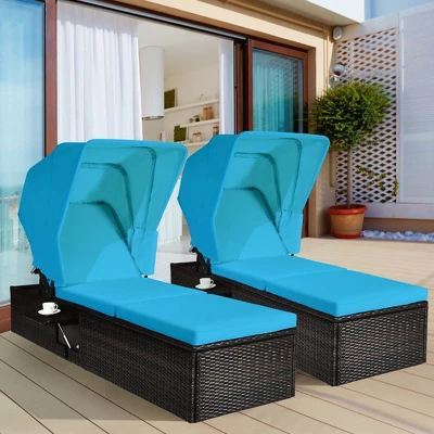 Tangkula 2PCS Rattan Patio Chaise Lounge Chair W/ Adjustable Canopy Turquoise Cushion 1 Tangkula 2PCS Rattan Patio Chaise Lounge Chair W/ Adjustable Canopy Turquoise Cushion
