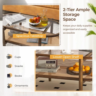 Tangkula 2-Tier Acacia Wood Coffee Table Mid-Century Modern Rectangular Center Table With Glass Tabletop And Imitation Rattan Storage Shelf 5 Tangkula 2-Tier Acacia Wood Coffee Table Mid-Century Modern Rectangular Center Table With Glass Tabletop And Imitation Rattan Storage Shelf - Image 5