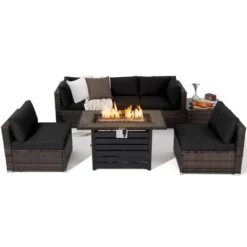 Tangkula 7PCS Patio Rattan Furniture Set 42" Fire Pit Table W/ Cover Cushioned -Tangkula GUEST 3eb2c258 38f8 4b16 a357 7198bd0c5e37