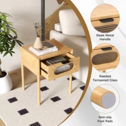 Tangkula Bamboo Nightstand Farmhouse Bedside Table W/ Tempered Glass Decorated Drawer -Tangkula GUEST 3efa7d6d beb6 4db3 a90c c4846e2d8821