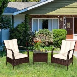 Tangkula 3PCS Patio Outdoor Rattan Conversation Set Furniture Set W/ Table Cushions
