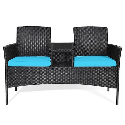 Tangkula Outdoor Rattan Furniture Wicker Patio Conversation Chair W/Cushions Turquoise 6 Tangkula Outdoor Rattan Furniture Wicker Patio Conversation Chair W/Cushions Turquoise - Image 6