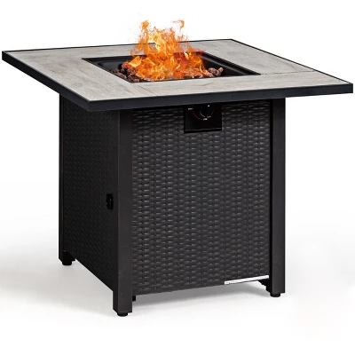 Tangkula 6 PCS Patio Wicker Furniture Set With 30" Gas Fire Pit Table 50,000 BTU Black/Red/Turquoise/Navy/White Cushions 7 Tangkula 6 PCS Patio Wicker Furniture Set With 30" Gas Fire Pit Table 50,000 BTU Black/Red/Turquoise/Navy/White Cushions - Image 7