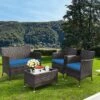 Tangkula 4PCS Patio Rattan Conversation Furniture Set Outdoor W/ Peacock Blue Cushion