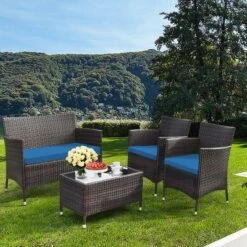 Tangkula 4PCS Patio Rattan Conversation Furniture Set Outdoor W/ Peacock Blue Cushion