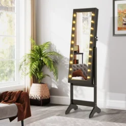 Tangkula Jewelry Armoire Cabinet Standing Lockable Jewelry Organizer With Lighted Full-Length Mirror Black/Rustic Brown/White