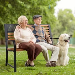 Tangkula 50” Outdoor Garden Bench 2-Person Metal Patio Chair With Flag Pattern Backrest & Rustic Wood Grain Finish 11 Tangkula 50” Outdoor Garden Bench 2-Person Metal Patio Chair With Flag Pattern Backrest & Rustic Wood Grain Finish -Tangkula GUEST 41dece34 d952 4219 9c8a 03fdc9256c8a