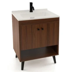 Tangkula 25 Inch Wooden Bathroom Vanity Sink Combo With Open Shelf & Sink & Pop Up Drain -Tangkula GUEST 426e6901 bb52 40d8 84b9 25711c97def1