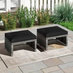 Tangkula 2 Pieces Patio PE Rattan Ottomans With Soft Zippered Cushions For Deck Frame