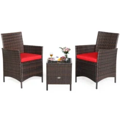 Tangkula 3 Pieces Patio Rattan Conversation Furniture Wicker Chairs With Coffee Table & Cushions Red/Blue/White -Tangkula GUEST 4399450f 9128 4ddb a2ee 328158498e1a