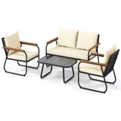 Tangkula Set Of 4 Wicker Patio Furniture Set Outdoor Conversation Set W/ Tempered Glass Coffee Table Rattan Cushioned Chairs With Acacia Wood Armrests -Tangkula GUEST 43c2b4b4 d43a 4a57 bf24 b099f3a9013f