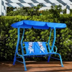 Tangkula Kids Patio Porch Bench Swing W/ Safety Belt Canopy Outdoor Furniture Blue