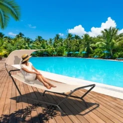 Tangkula Chaise Lounge Bed W/ Detachable Sunshade Canopy Hammock W/ Rustproof Metal Stand