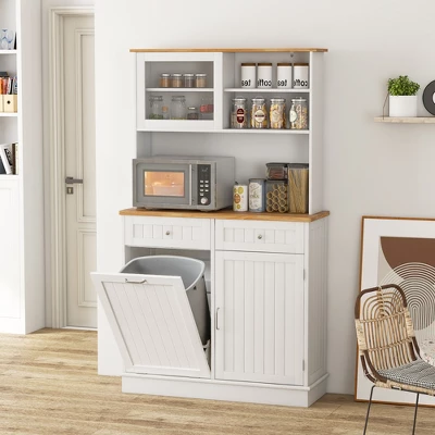 Tangkula Double Tilt Out Trash Cabinet W/ Hutch Kitchen Pantry Storage Cabinet White 9 Tangkula Double Tilt Out Trash Cabinet W/ Hutch Kitchen Pantry Storage Cabinet White - Image 9
