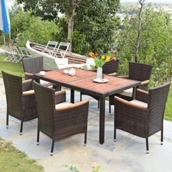 Tangkula 7pcs Patio Rattan Dining Set 6 Stackable Cushioned Chairs Patio