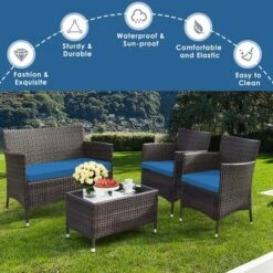 Tangkula 8PCS Patio Rattan Conversation Furniture Set Outdoor W/ Peacock Blue Cushion -Tangkula GUEST 4576e550 2f36 49d3 8baf 9cdb3eb5e4b8