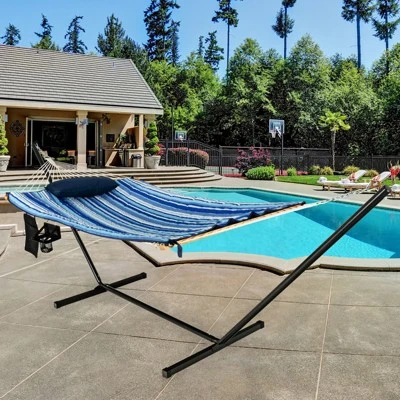 Tangkula 12Ft Hammock With Heavy-Duty Steel Stand, Woven Hammock Chair Set, Portable Hammock With Beech Wood Bar & Cotton Mat 2 Tangkula 12Ft Hammock With Heavy-Duty Steel Stand, Woven Hammock Chair Set, Portable Hammock With Beech Wood Bar & Cotton Mat - Image 2