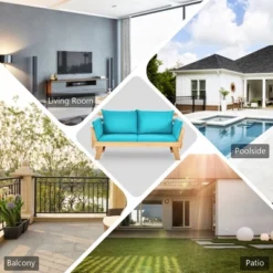 Tangkula Adjustable Patio Sofa Daybed Acacia Wood Furniture W/ Navy & Turquoise Sets Cushion -Tangkula GUEST 4643c84d d04e 4717 88fd fab1a6d1d253