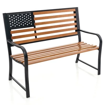 Tangkula 50” Outdoor Garden Bench 2-Person Metal Patio Chair With Flag Pattern Backrest & Rustic Wood Grain Finish 9 Tangkula 50” Outdoor Garden Bench 2-Person Metal Patio Chair With Flag Pattern Backrest & Rustic Wood Grain Finish - Image 9