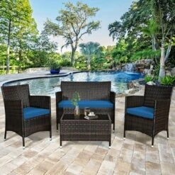 Tangkula 8PCS Patio Rattan Conversation Furniture Set Outdoor W/ Peacock Blue Cushion -Tangkula GUEST 46821a90 bb8a 4fe2 8b5e f145ade9491d