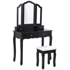 Tangkula Removable Tri-folding Mirror Vanity Table Unit Makeup Set W/ Stool & 4 Drawers -Tangkula GUEST 471c79b7 81ec 4e68 96a3 0a1bf8092cc1