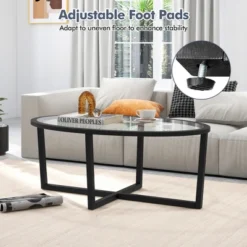 Tangkula Modern Glass Coffee Table W/ Cross Base & Acacia Wood Legs For Small Spaces -Tangkula GUEST 473d2be7 10d3 434e 9836 1e47abf354cc