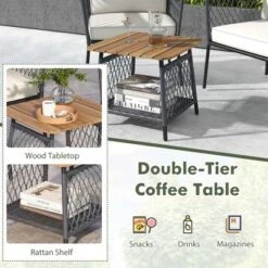 Tangkula Set Of 3 Furniture Set W/ 2-Tier Coffee Table Acacia Wood Armrests Tabletop Patio -Tangkula GUEST 47b28014 d28c 49bb 849c 5f3cf48a5ac6