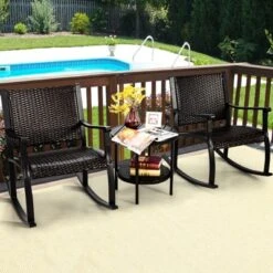 Tangkula 3-Piece Wicker Rocking Bistro Set Outdoor Conversation Set With Coffee Table