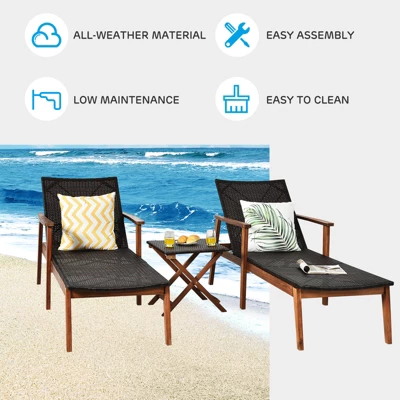 Tangkula 3PCS Chaise Lounge Set 4-Level Folding Chaise Lounge Adjustable Outdoor Beach With Wicker Side Table 6 Tangkula 3PCS Chaise Lounge Set 4-Level Folding Chaise Lounge Adjustable Outdoor Beach With Wicker Side Table - Image 6
