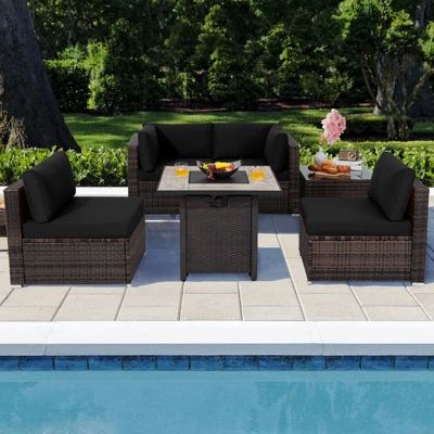 Tangkula 6 PCS Patio Wicker Furniture Set With 30" Gas Fire Pit Table 50,000 BTU Black/Red/Turquoise/Navy/White Cushions 2 Tangkula 6 PCS Patio Wicker Furniture Set With 30" Gas Fire Pit Table 50,000 BTU Black/Red/Turquoise/Navy/White Cushions - Image 2