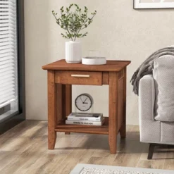 Tangkula Boho Style Nightstand 3-Tier Sofa Side End Table W/ Drawer & Shelf Walnut