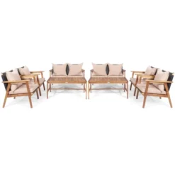 Tangkula 8PCS Patio Rattan Furniture Set Wood Frame Cushioned Sofa With Coffee Table Sectional Conversation Sofa Set For Garden Turquoise/Navy/Brown/Red -Tangkula GUEST 4a540613 7074 45d4 9f1c 16b26e428a0f