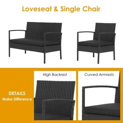 Tangkula Patio Rattan 4PCS Cushioned Chair Side Table Set Bistro Set Classic Furniture Single Sofa Thick Cushion Loveseat For Garden Black/Grey 4 Tangkula Patio Rattan 4PCS Cushioned Chair Side Table Set Bistro Set Classic Furniture Single Sofa Thick Cushion Loveseat For Garden Black/Grey - Image 4