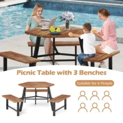 Tangkula 6 Person Acacia Wood Picnic Table Bench Set W/3 Seats Umbrella Hole Metal Frame -Tangkula GUEST 4ab00b10 fd7c 457b 8b06 f82f3019d76e