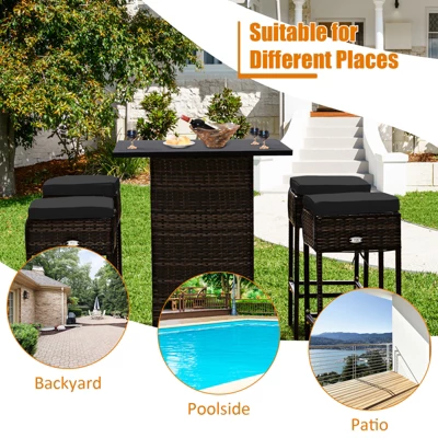 Tangkula 5PCS Patio Rattan Bar Table Stool Set Hidden Storage Shelf Cushion Red Patio Black 5 Tangkula 5PCS Patio Rattan Bar Table Stool Set Hidden Storage Shelf Cushion Red Patio Black - Image 5