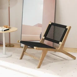 Tangkula 2PCS Mid Century Modern Teak Wooden W/Handwoven Cordage Seat Backrest For Patio