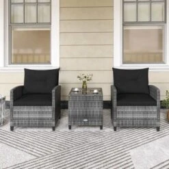 Tangkula 3 Pieces Patio Bistro Set Outdoor PE Rattan Conversation Chair Set With Tempered Glass Side Table And Removable Cushions Black