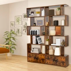 Tangkula 2 PCS Bookshelf W/ Cabinet 6-Tier S-Shaped Bookcase Storage Rack Rustic Brown